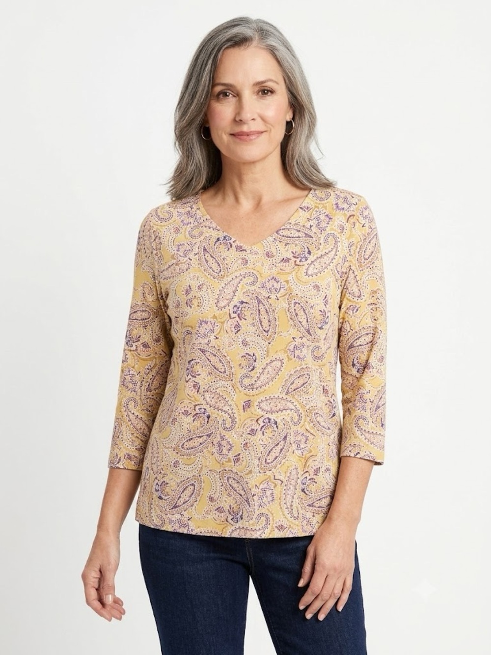 J. Jill Pima 3/4 Sleeve V-Neck Tee in Yellow Paisley | Size Large